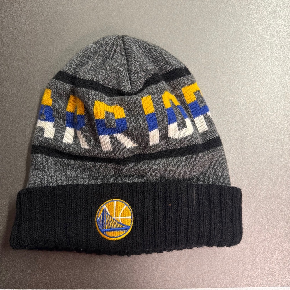 Mitchell Ness NBA Golden State Warriors Knit Beanie Hat Gray Black Yellow Blue